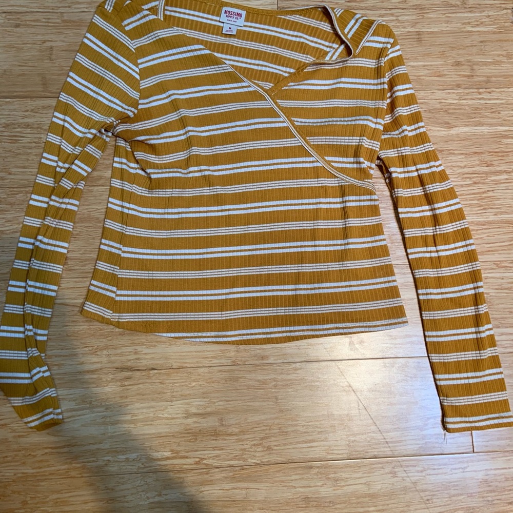 yellow and white striped cross neck long sleeve